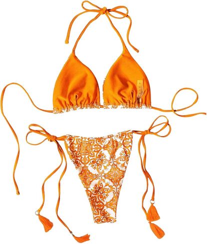 SHENHE Women's 2 Piece Print Triangle Bikini Sets Tassel Decor Halter Swimsuit Bathing Suit in Saudi Arabia