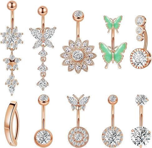 10 قطع 14 جرام حلقات زر البطن الجراحية من الفولاذ للنساء حلقات البطن المتدلية اللطيفة حلقات السرة CZ الفرس فراشة زهرة البطن ثقب المجوهرات حزمة in Kuwait