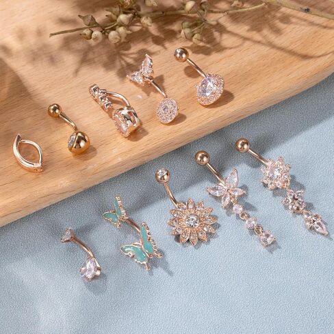 10 قطع 14 جرام حلقات زر البطن الجراحية من الفولاذ للنساء حلقات البطن المتدلية اللطيفة حلقات السرة CZ الفرس فراشة زهرة البطن ثقب المجوهرات حزمة in Kuwait