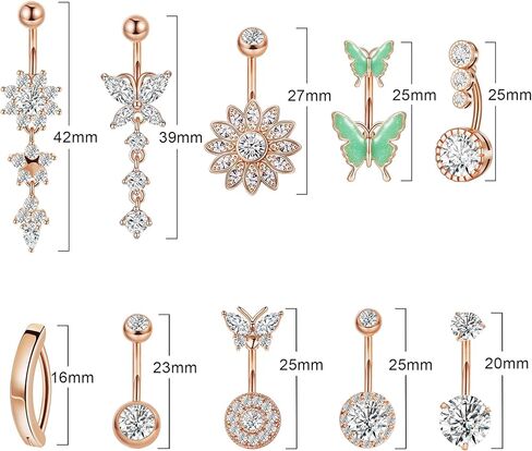 10 قطع 14 جرام حلقات زر البطن الجراحية من الفولاذ للنساء حلقات البطن المتدلية اللطيفة حلقات السرة CZ الفرس فراشة زهرة البطن ثقب المجوهرات حزمة in Kuwait