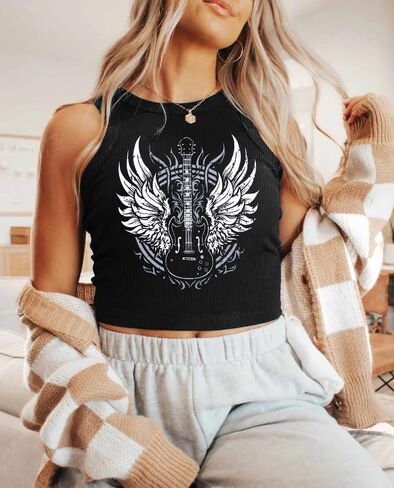 Country Music Concert Shirts Women: Nashville Music City Tank Tops Rock Band Shirt Vintage Guitar Wings Sleeveless Tops in Saudi Arabia