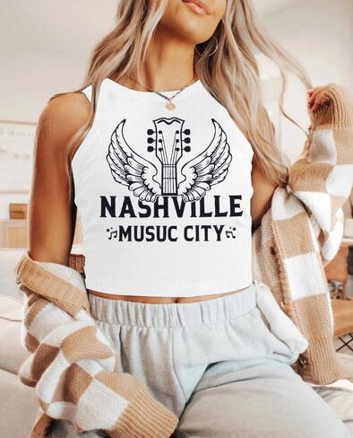 Country Music Concert Shirts Women: Nashville Music City Tank Tops Rock Band Shirt Vintage Guitar Wings Sleeveless Tops in Saudi Arabia