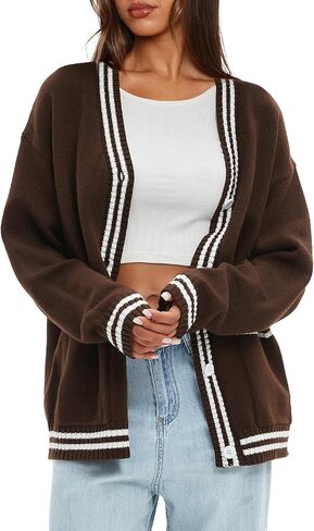 سترة صوفية نسائية كبيرة الحجم من Darong، سترة محبوكة بأزرار أمامية وخطوط أمامية، ملابس خريفية مع جيوب in Kuwait