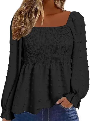 بلوزة Flamingals النسائية ذات الرقبة المربعة المكشكشة المكشكشة Smocked Peplum أنيقة بأكمام طويلة بلوزة قميص in Kuwait