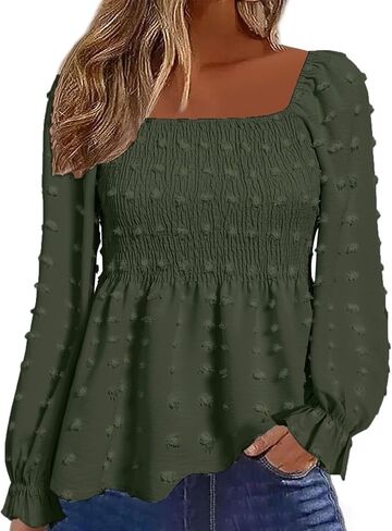 بلوزة Flamingals النسائية ذات الرقبة المربعة المكشكشة المكشكشة Smocked Peplum أنيقة بأكمام طويلة بلوزة قميص in Kuwait