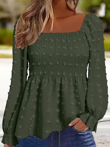 بلوزة Flamingals النسائية ذات الرقبة المربعة المكشكشة المكشكشة Smocked Peplum أنيقة بأكمام طويلة بلوزة قميص in Kuwait