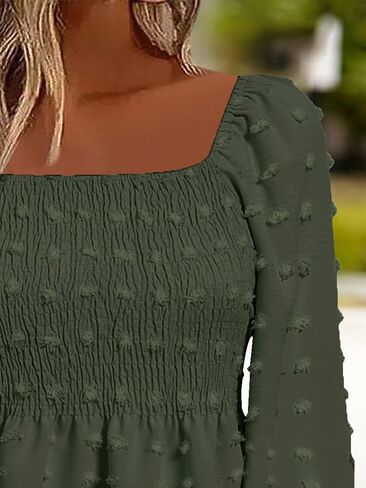 بلوزة Flamingals النسائية ذات الرقبة المربعة المكشكشة المكشكشة Smocked Peplum أنيقة بأكمام طويلة بلوزة قميص in Kuwait