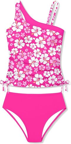 Girls Swimsuit Two Piece One Shoulder Girls Tankini Swimsuit Floral Print Girls Bathing Suit Drawstring Swimwear Set 7-14Y in Kuwait