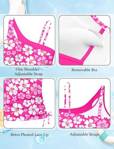 Girls Swimsuit Two Piece One Shoulder Girls Tankini Swimsuit Floral Print Girls Bathing Suit Drawstring Swimwear Set 7-14Y in Kuwait