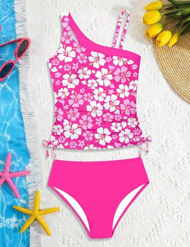 Girls Swimsuit Two Piece One Shoulder Girls Tankini Swimsuit Floral Print Girls Bathing Suit Drawstring Swimwear Set 7-14Y in Kuwait