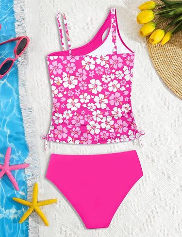 Girls Swimsuit Two Piece One Shoulder Girls Tankini Swimsuit Floral Print Girls Bathing Suit Drawstring Swimwear Set 7-14Y in Kuwait