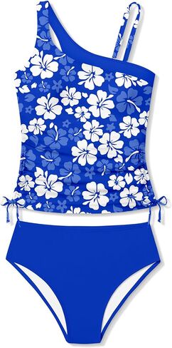 Girls Swimsuit Two Piece One Shoulder Girls Tankini Swimsuit Floral Print Girls Bathing Suit Drawstring Swimwear Set 7-14Y in Kuwait