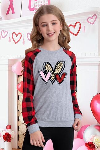 LAZYCHILD Kids Valentine Shirt Girls Valentines Day Shirts Heart Grpahic Long Sleeve Striped Tee Tops 5-14 Years in Kuwait