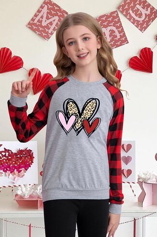 LAZYCHILD Kids Valentine Shirt Girls Valentines Day Shirts Heart Grpahic Long Sleeve Striped Tee Tops 5-14 Years in Kuwait