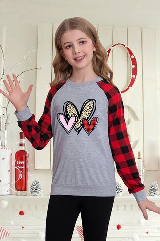 LAZYCHILD Kids Valentine Shirt Girls Valentines Day Shirts Heart Grpahic Long Sleeve Striped Tee Tops 5-14 Years in Kuwait