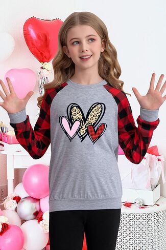 LAZYCHILD Kids Valentine Shirt Girls Valentines Day Shirts Heart Grpahic Long Sleeve Striped Tee Tops 5-14 Years in Kuwait
