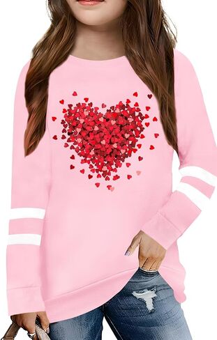 LAZYCHILD Kids Valentine Shirt Girls Valentines Day Shirts Heart Grpahic Long Sleeve Striped Tee Tops 5-14 Years in Kuwait