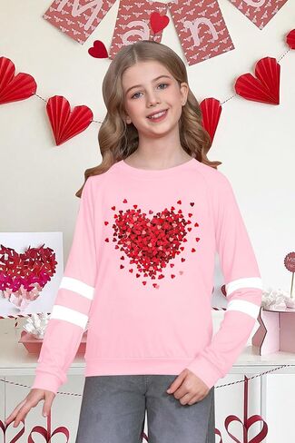 LAZYCHILD Kids Valentine Shirt Girls Valentines Day Shirts Heart Grpahic Long Sleeve Striped Tee Tops 5-14 Years in Kuwait
