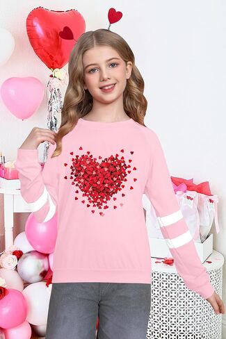 LAZYCHILD Kids Valentine Shirt Girls Valentines Day Shirts Heart Grpahic Long Sleeve Striped Tee Tops 5-14 Years in Kuwait