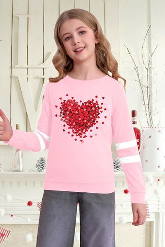 LAZYCHILD Kids Valentine Shirt Girls Valentines Day Shirts Heart Grpahic Long Sleeve Striped Tee Tops 5-14 Years in Kuwait