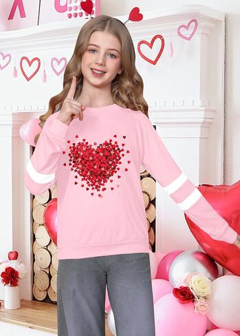 LAZYCHILD Kids Valentine Shirt Girls Valentines Day Shirts Heart Grpahic Long Sleeve Striped Tee Tops 5-14 Years in Kuwait