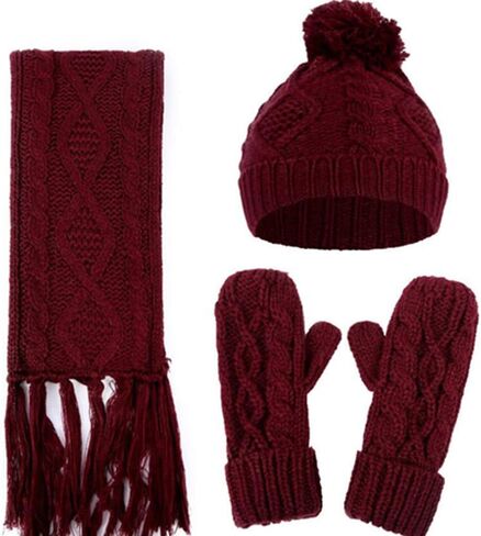 المرأة الشتاء الدافئة وشاح محبوك قبعة Pompom قبعة وقفازات مجموعة لينة تمتد قبعة وشاح ومجموعة القفاز in Kuwait