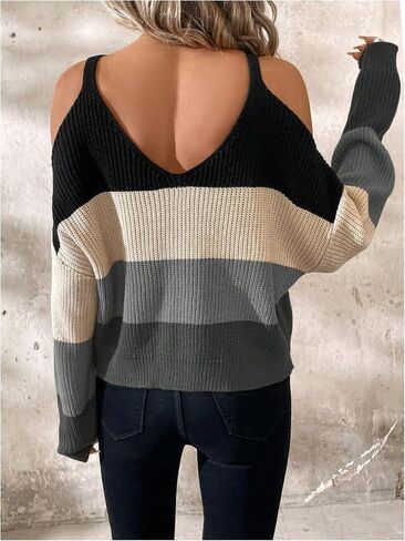 GORGLITTER Women's Cold Shoulder Sweater Criss Cross Color Block Long Sleeve Pullover Tops in Saudi Arabia