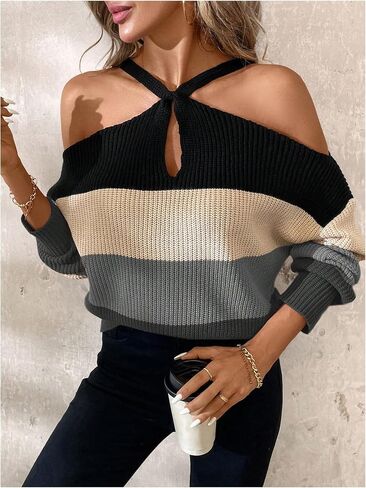 GORGLITTER Women's Cold Shoulder Sweater Criss Cross Color Block Long Sleeve Pullover Tops in Saudi Arabia