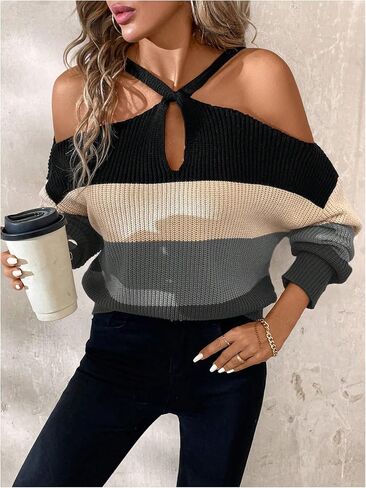 GORGLITTER Women's Cold Shoulder Sweater Criss Cross Color Block Long Sleeve Pullover Tops in Saudi Arabia
