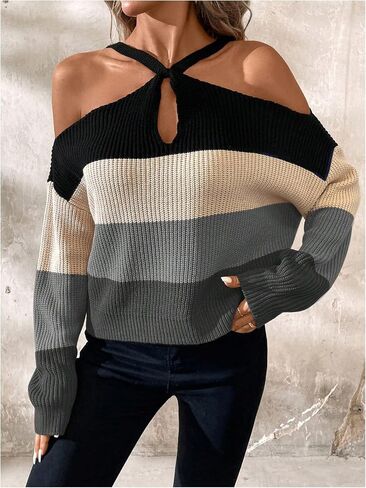 GORGLITTER Women's Cold Shoulder Sweater Criss Cross Color Block Long Sleeve Pullover Tops in Saudi Arabia