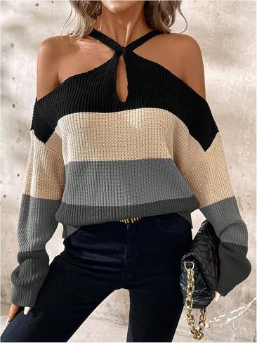 GORGLITTER Women's Cold Shoulder Sweater Criss Cross Color Block Long Sleeve Pullover Tops in Saudi Arabia