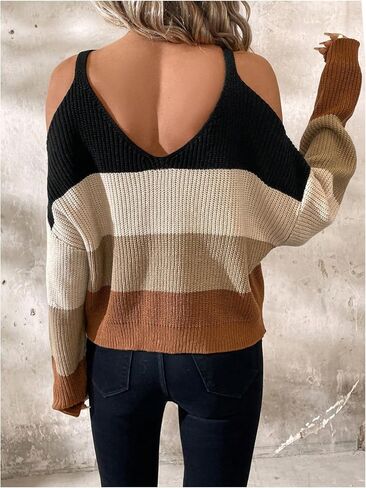 GORGLITTER Women's Cold Shoulder Sweater Criss Cross Color Block Long Sleeve Pullover Tops in Saudi Arabia