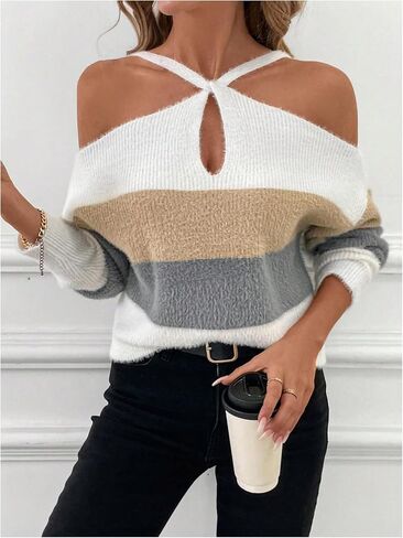 GORGLITTER Women's Cold Shoulder Sweater Criss Cross Color Block Long Sleeve Pullover Tops in Saudi Arabia