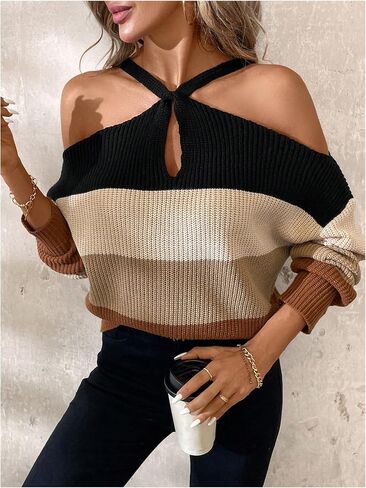 GORGLITTER Women's Cold Shoulder Sweater Criss Cross Color Block Long Sleeve Pullover Tops in Saudi Arabia