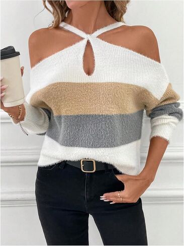 GORGLITTER Women's Cold Shoulder Sweater Criss Cross Color Block Long Sleeve Pullover Tops in Saudi Arabia