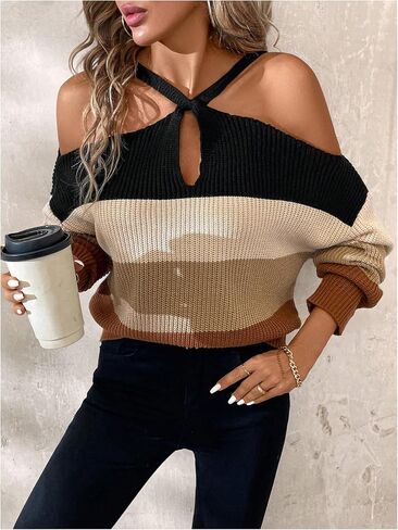 GORGLITTER Women's Cold Shoulder Sweater Criss Cross Color Block Long Sleeve Pullover Tops in Saudi Arabia
