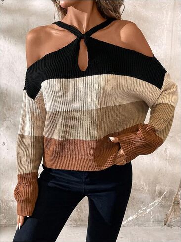 GORGLITTER Women's Cold Shoulder Sweater Criss Cross Color Block Long Sleeve Pullover Tops in Saudi Arabia