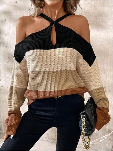 GORGLITTER Women's Cold Shoulder Sweater Criss Cross Color Block Long Sleeve Pullover Tops in Saudi Arabia