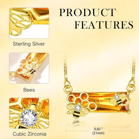 AENEAS Bee Necklace 18K Gold over 925 Sterling Silver Bumble Bee Pendant Necklace Citrine Crystal Jewelry Bee Gifts for Women Mom Wife in Saudi Arabia