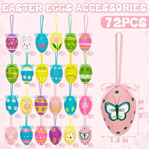 72PCS Easter Eggs Decorations, Easter Tree Hanging Ornaments Decor, 24 Kinds Rabbit Flower Plastic Easter Eggs with Tapes, Colorful Easter Eggs Bulk for Outdoor Indoor Egg Hunting Spring Activity in Saudi Arabia