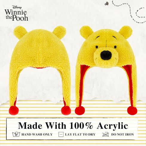 Disney Winnie The Pooh Beanie Hat, Faux Sherpa Fur Lined Winter Knit Cap with 3D Ears and Cuff, Yellow, One Size in Saudi Arabia