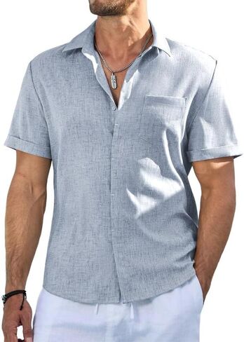 Men's Short Sleeve Shirts Casual Solid Color Button Down Shirt for Men Beach Summer Shirt with Pocket in Saudi Arabia