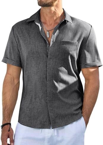 Men's Short Sleeve Shirts Casual Solid Color Button Down Shirt for Men Beach Summer Shirt with Pocket in Kuwait
