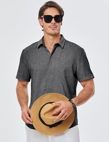 Men's Short Sleeve Shirts Casual Solid Color Button Down Shirt for Men Beach Summer Shirt with Pocket in Kuwait