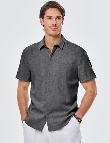 Men's Short Sleeve Shirts Casual Solid Color Button Down Shirt for Men Beach Summer Shirt with Pocket in Kuwait