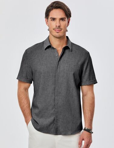 Men's Short Sleeve Shirts Casual Solid Color Button Down Shirt for Men Beach Summer Shirt with Pocket in Kuwait
