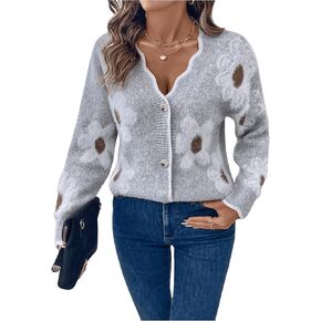 Milumia Women's Floral Button Up Scalloped V Neck Long Sleeve Sweater Cardigan