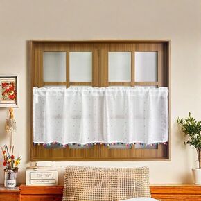 Boho Linen Short Curtain with Colored Wool Balls for Kitchen Embroidery Pompom Curtain Valance Tier Translucent Bathroom Cafe Small Window Decora Rod Pocket 1panel (W39 X L20 Inch,White)
