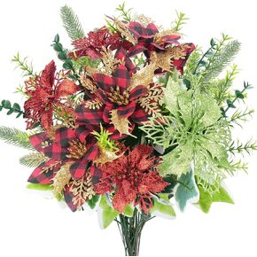 17pcs Christmas Flowers Artificial Buffalo Plaid Poinsettia Flowers Bouquet 15'' Glitter Christmas Flower Arrangement with Eucalyptus for Farmhouse Home Table Holiday Party Decor（Red/Black）
