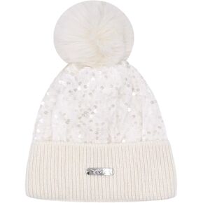 JUMISEE Women Girls Shiny Metallic Knit Beanie Hat Slouchy Winter Skull Cap with Faux Fur Pompom